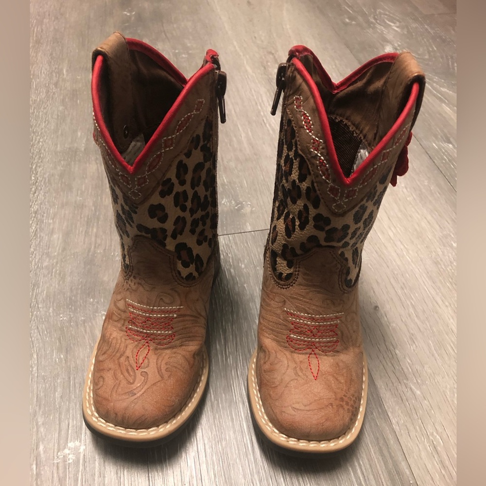 Twister Girls toddler Brown Leopard Western Boots with Red Trim